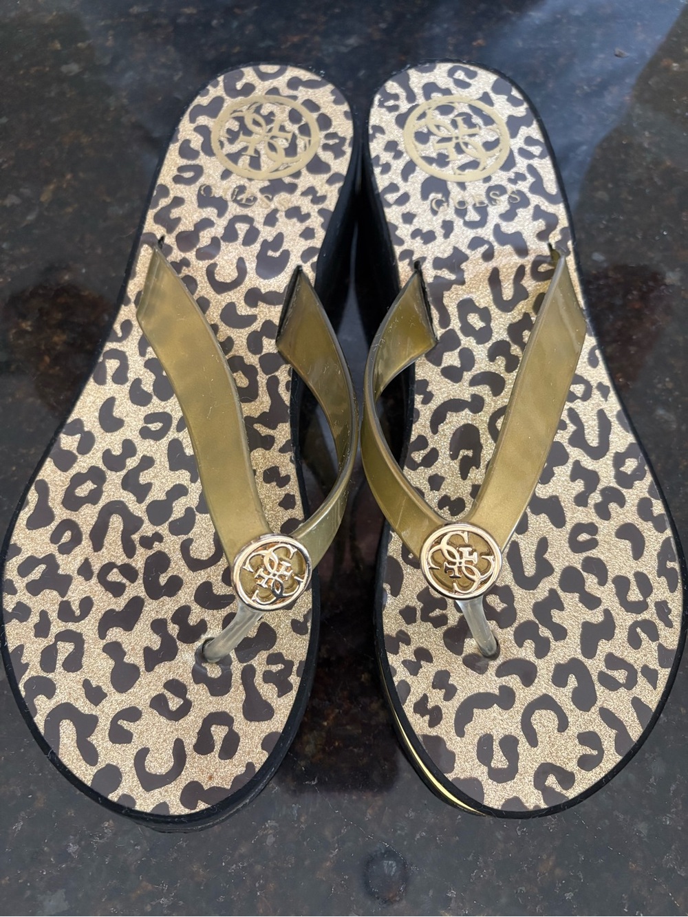 Women’s Guess Brand Gold Leopard-Print Wedge Flip Flops - New!